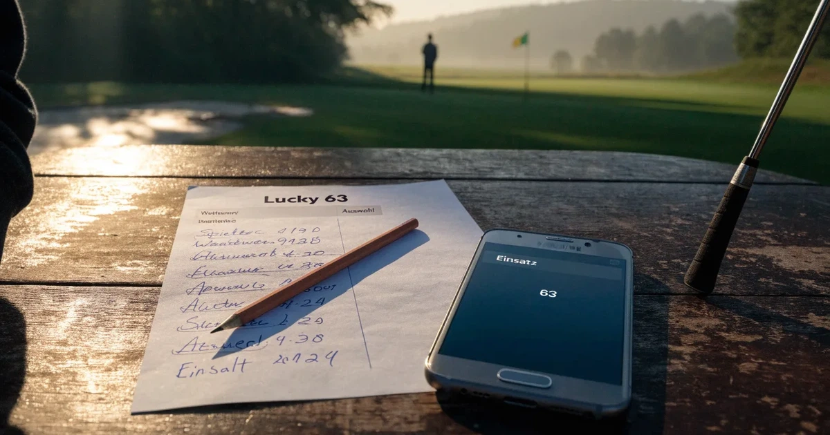 Ein Golfball liegt auf dem Grün nahe beim Loch, dahinter erstrecken sich sanfte Hügel im Nebel.
