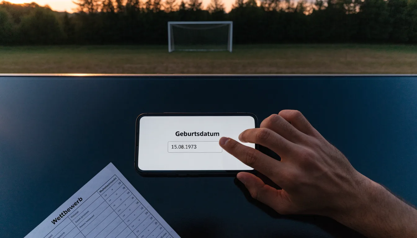 Ein Fussballtor ohne Netz steht auf einer Wiese am Waldrand, die Abenddämmerung färbt den Himmel orange.