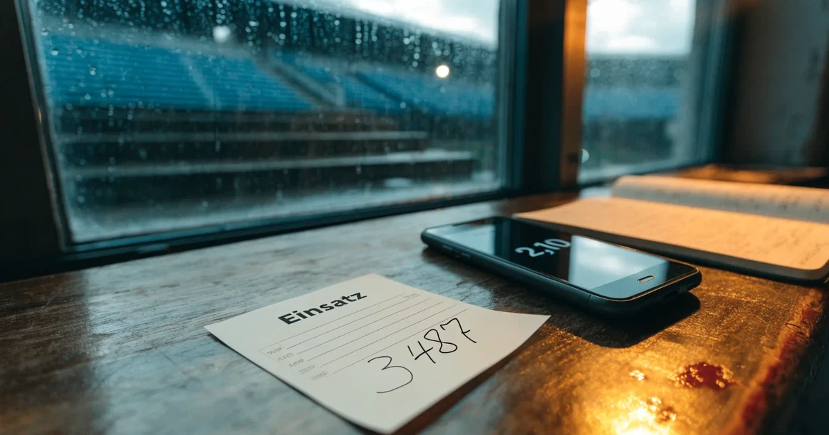 Eine Reihe leerer Sitzschalen auf der Tribüne eines kleinen Stadions, auf den Stufen glänzt Regenwasser.