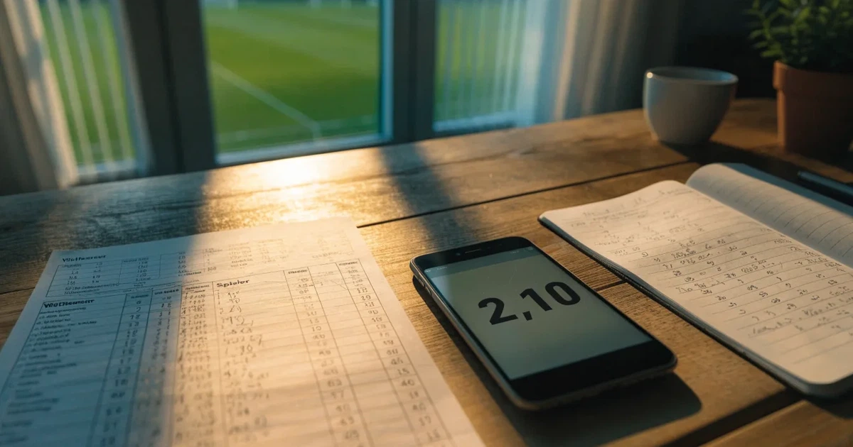 Ein aufgeräumter Schreibtisch mit Pflanze und Tasse in einem Heimbüro, vor dem Fenster liegt ein Fussballplatz im Gegenlicht.