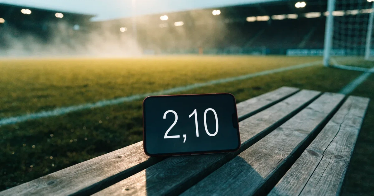 Ein Fernglas liegt auf einer leeren Holzbank an der Seitenlinie eines Fussballfelds, vom Rasen steigt Nebel auf.
