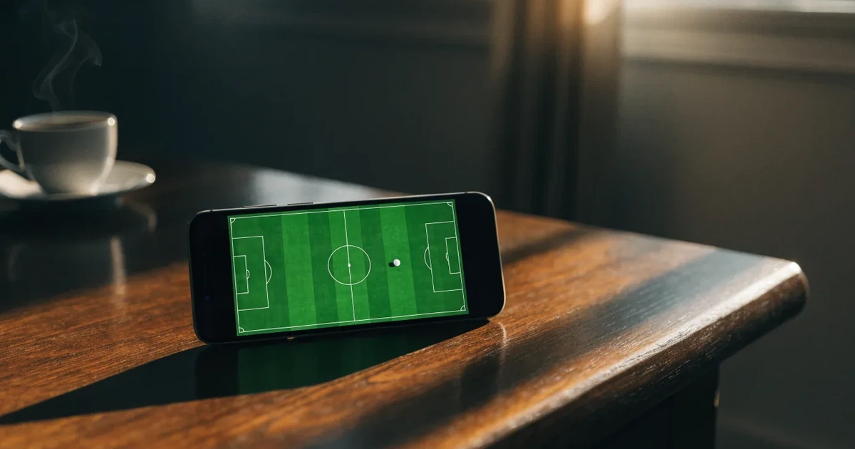 Ein Smartphone mit dunklem Display liegt auf einem Holztisch neben einer Kaffeetasse, durch das Fenster fällt warmes Abendlicht.