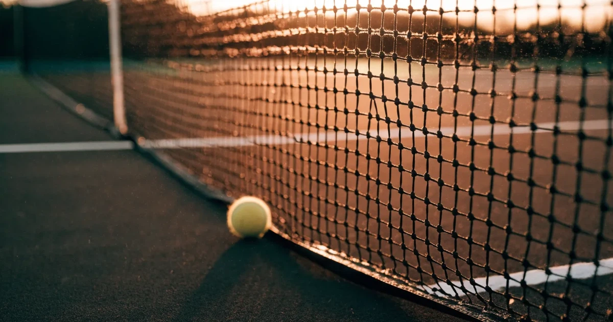 Ein Tennisnetz in Nahaufnahme im Gegenlicht der tiefstehenden Sonne, feine Staubkörner schweben über dem Platz.