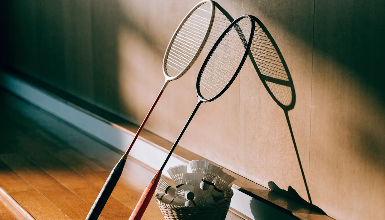 Zwei Badmintonschläger lehnen gekreuzt an einer Hallenwand aus Holz, daneben steht ein Korb mit Federbällen.