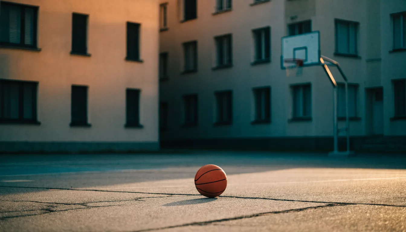 Ein Basketball liegt auf einem Asphaltplatz in einem Hinterhof zwischen Wohnblöcken, das Abendlicht färbt die Wände warm.