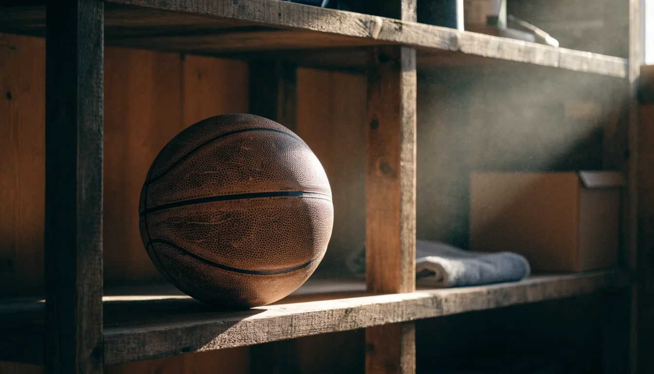 Ein abgenutzter Lederball liegt auf einem Holzregal in einem Vereinsraum, ein Sonnenstrahl macht den Staub sichtbar.