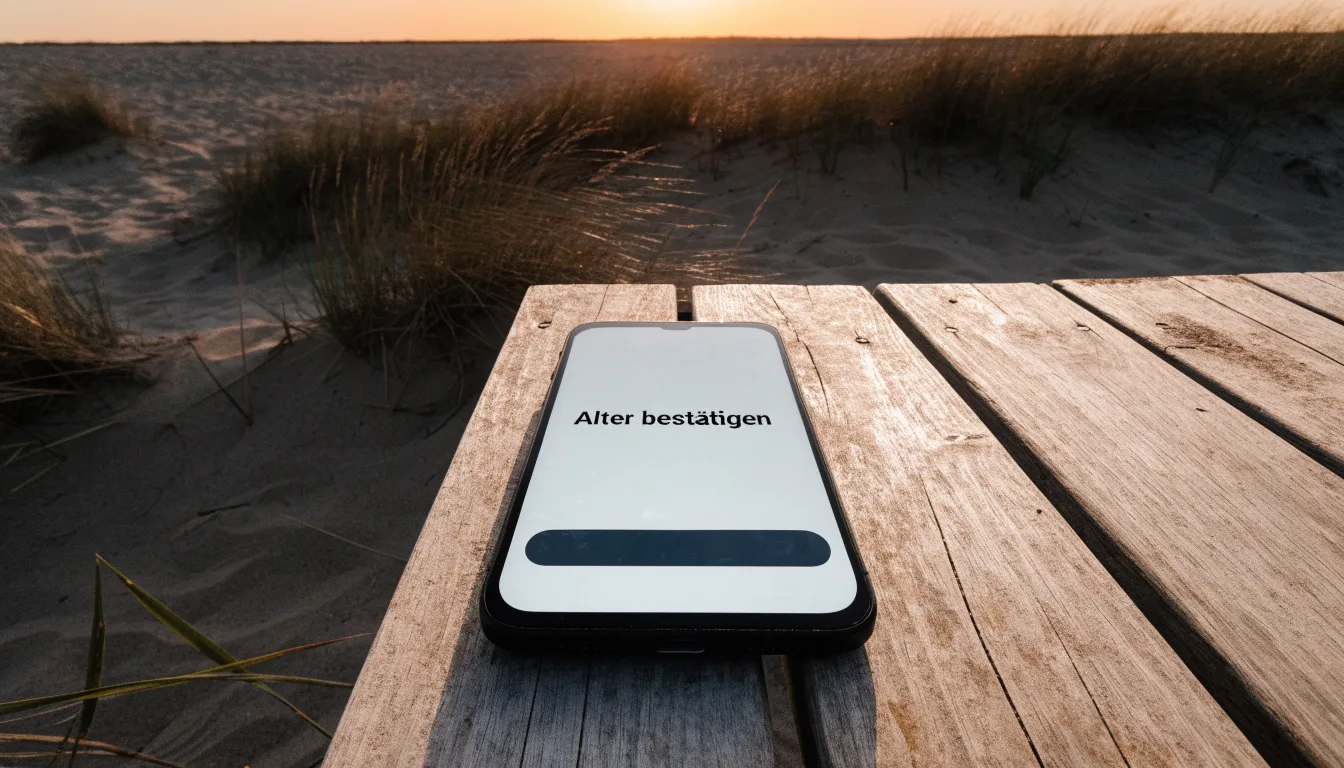 Spuren im Sand führen durch Dünengras auf den Horizont zu, die Sonne steht tief und färbt den Himmel orange.