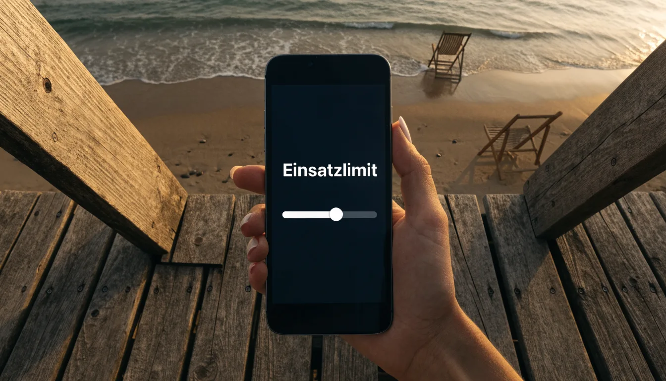 Ein leerer Liegestuhl aus Holz steht am Rand eines Sandstrands, Abendlicht und ruhige Wellen im Hintergrund.