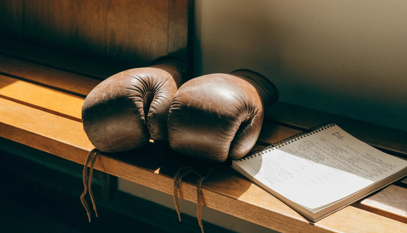 Ein Paar Boxhandschuhe aus Leder liegt auf einer Holzbank neben einem Notizbuch mit handgeschriebenen Zeilen, warmes Fensterlicht