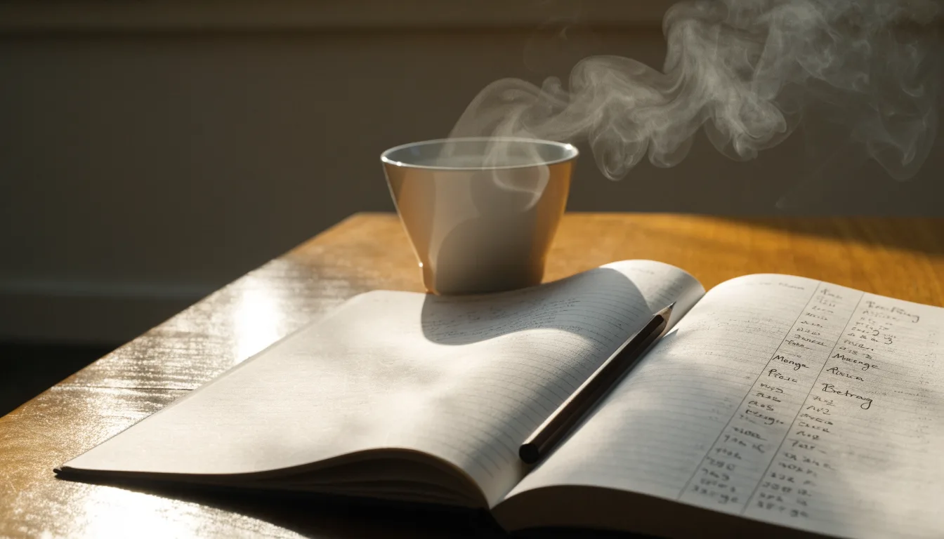 Ein aufgeschlagenes Notizbuch mit handgeschriebenen Spalten und ein Bleistift neben einer Tasse Kaffee auf einem Holztisch am Morgen