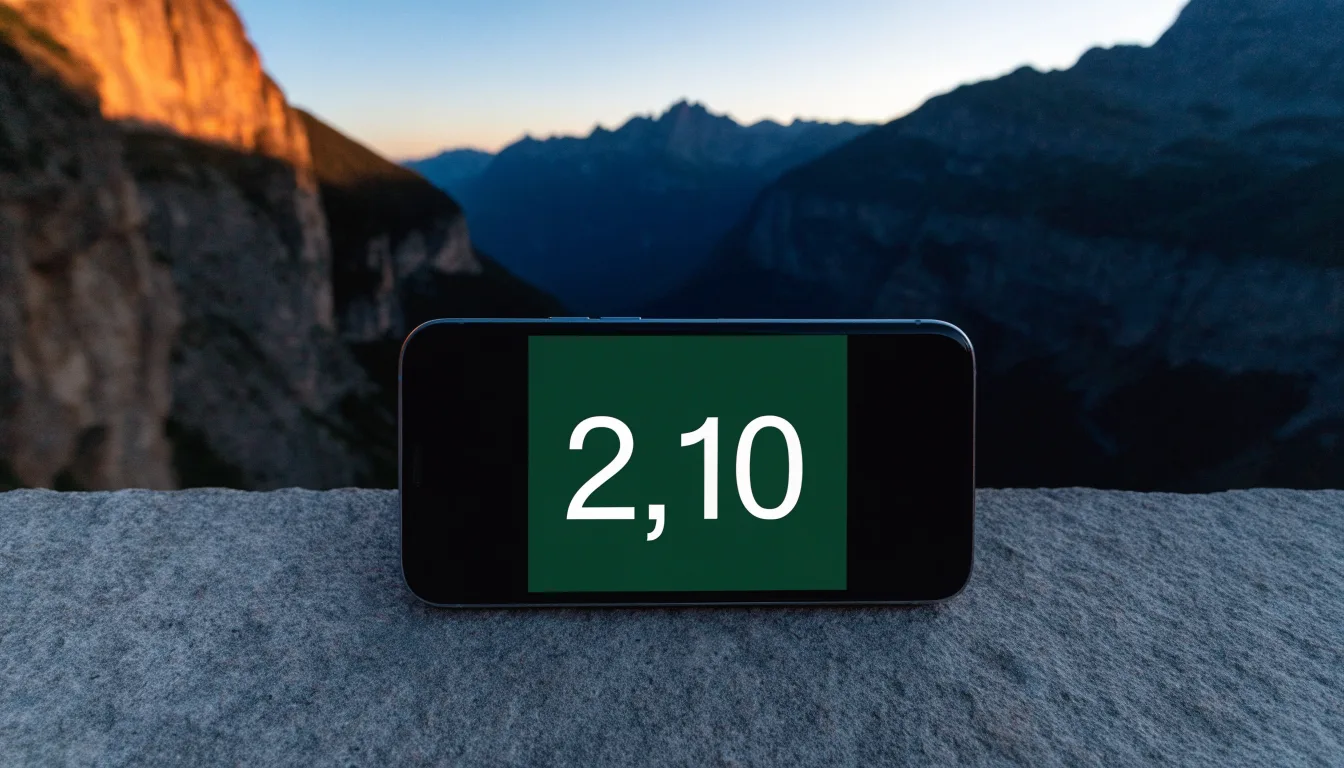 Ein Smartphone mit dunklem Display liegt auf einer Steinmauer, dahinter ein Alpental im Abendlicht