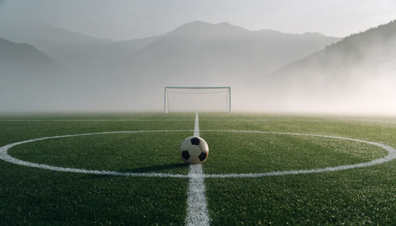 Ein einzelner Fussball auf dem Mittelpunkt eines leeren Rasens im Morgennebel, hinter dem Tor ragen Berge auf