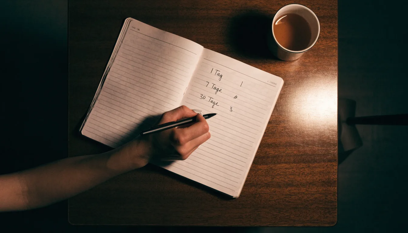 Ein Notizbuch mit handschriftlichen Einträgen und eine Tasse Tee stehen auf einem Tisch neben einer Stehlampe