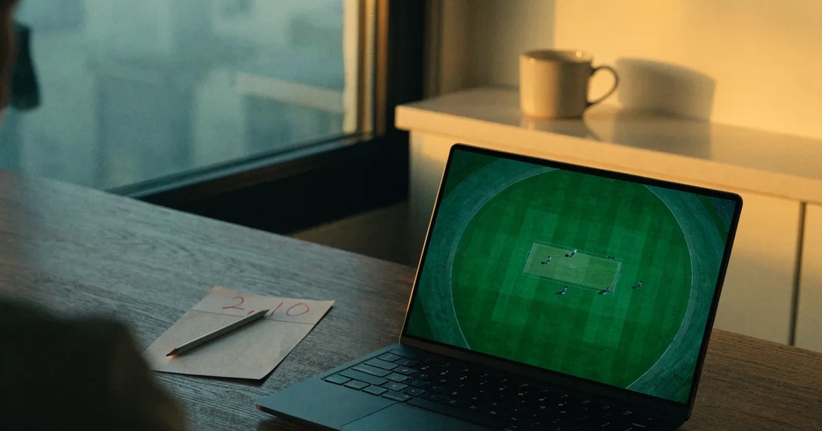Ein ovales Cricketfeld mit gemähtem Rasen und hellem Mittelstreifen am frühen Morgen, Nebel zwischen den Bäumen am Rand