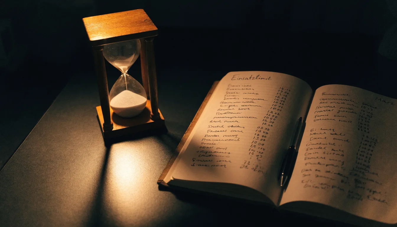 Eine Sanduhr steht auf einem Schreibtisch neben einem Notizbuch mit handschriftlichen Einträgen im Licht einer Lampe