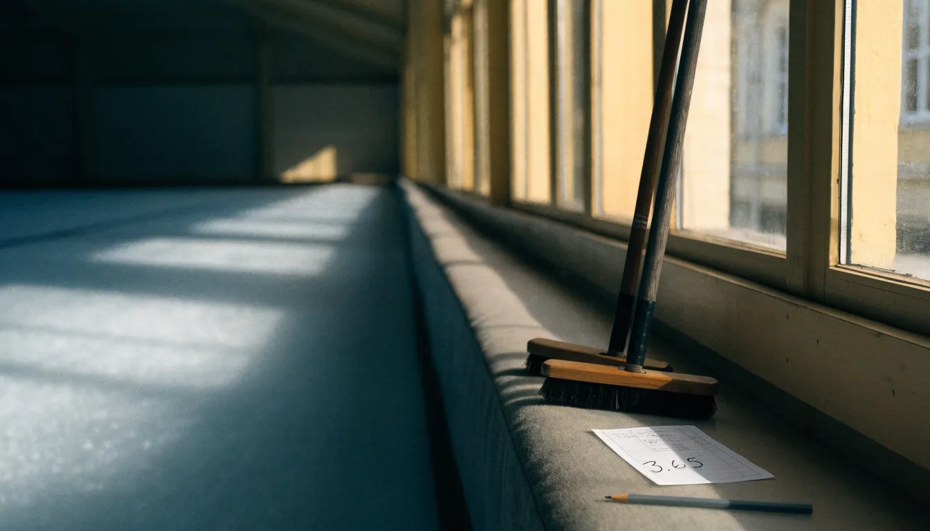 Zwei Curlingbesen lehnen an einer Bande am Rand einer leeren Eisfläche, kaltes Licht fällt durch hohe Fenster