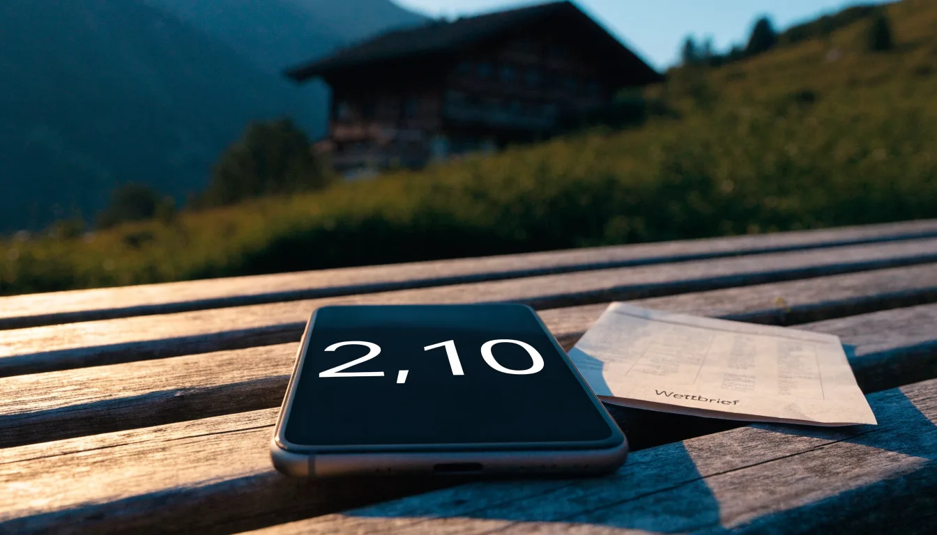 Eine Holzbank steht vor einem Chalet im Abendlicht, ein Schlüsselbund liegt darauf