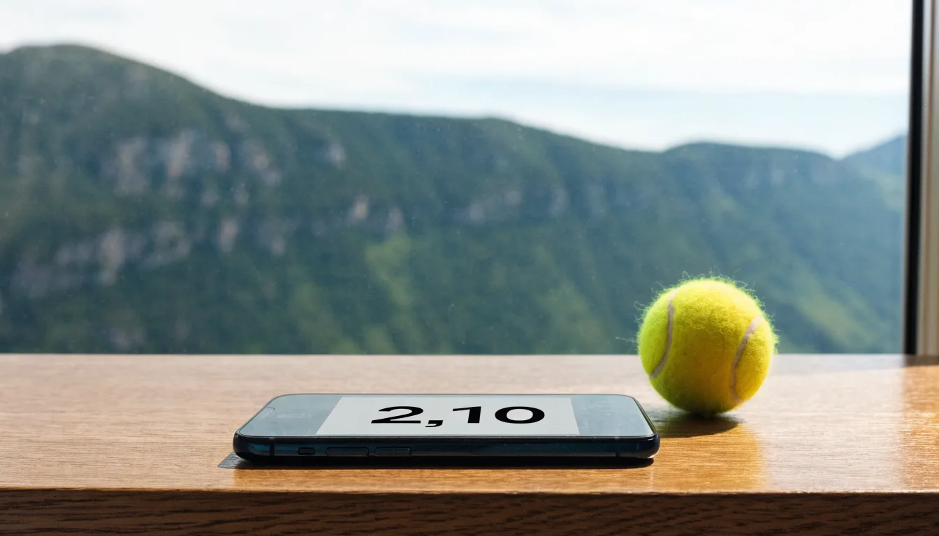 Ein einzelner gelber Tennisball liegt auf einem Holztisch vor einem Fenster mit Alpenblick