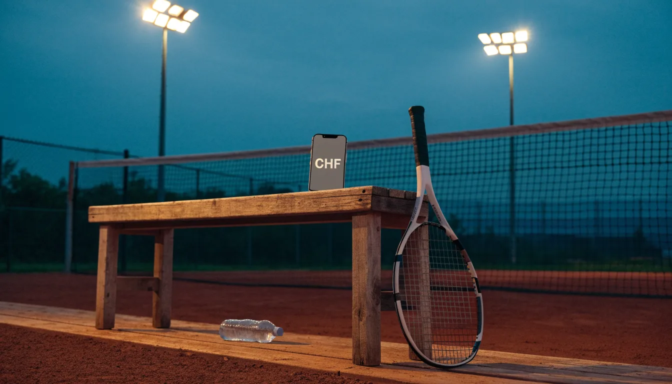 Ein Tennisschläger lehnt an einer Bank neben einer Wasserflasche, am Abend ruht der Platz im Flutlicht, aus der Ferne gesehen