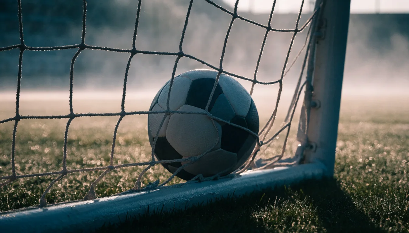Ein Fussball liegt im Netz hinter einem Tor, weicher Morgennebel hängt über dem Rasen