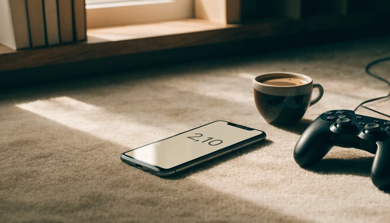 Ein Spielcontroller liegt auf einem Teppich neben einer Tasse, im Hintergrund ein Regal mit Büchern