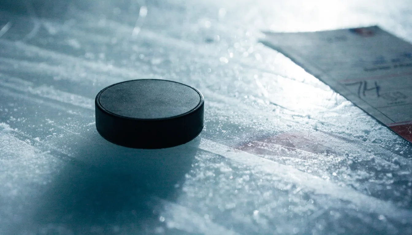 Ein Eishockeypuck liegt auf einer Eisfläche mit Kratzspuren, Nahaufnahme mit kühlen Reflexen