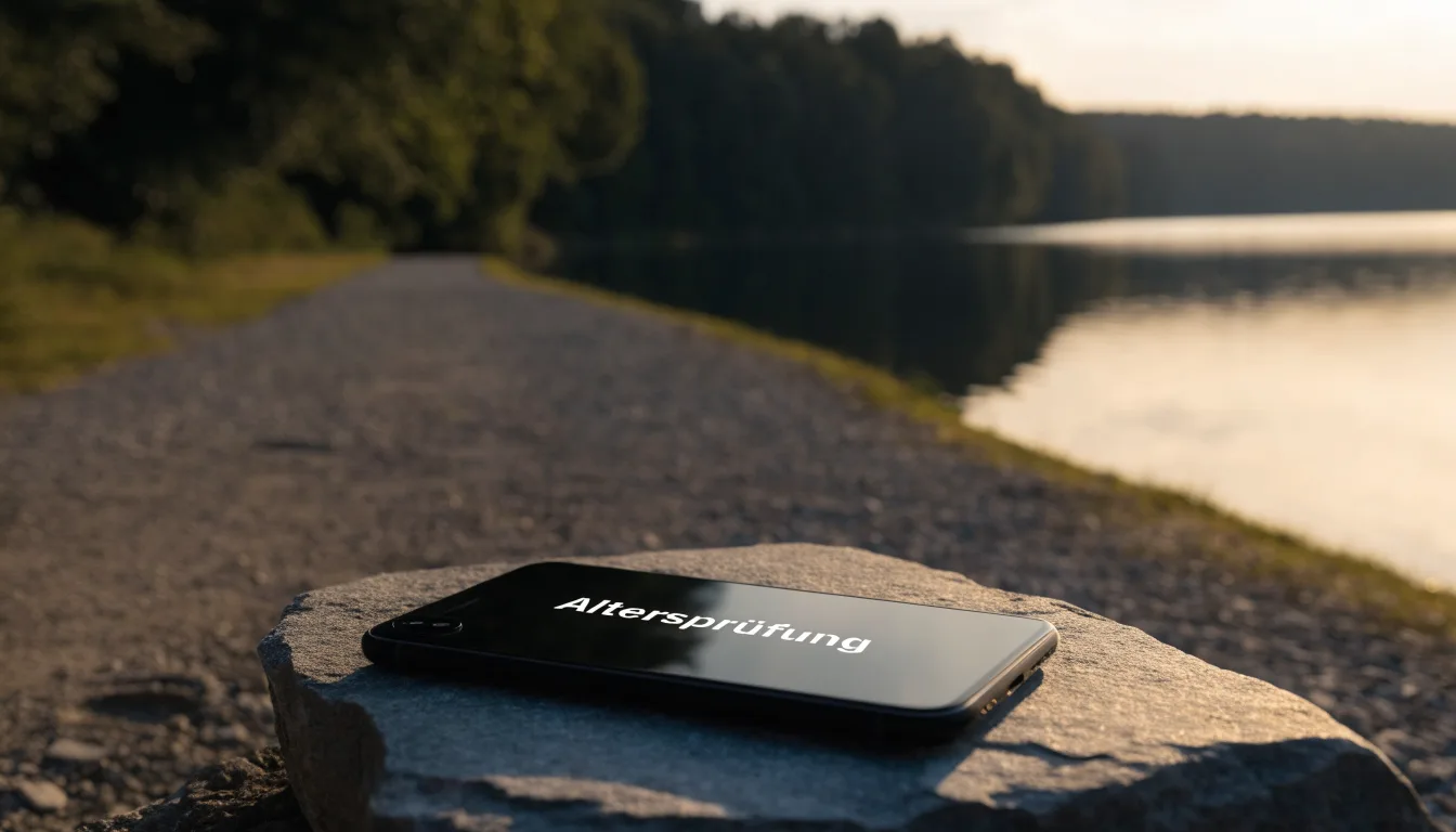 Ein schmaler Wanderweg führt am Seeufer entlang, auf einem Stein liegt ein Smartphone mit dunklem Display