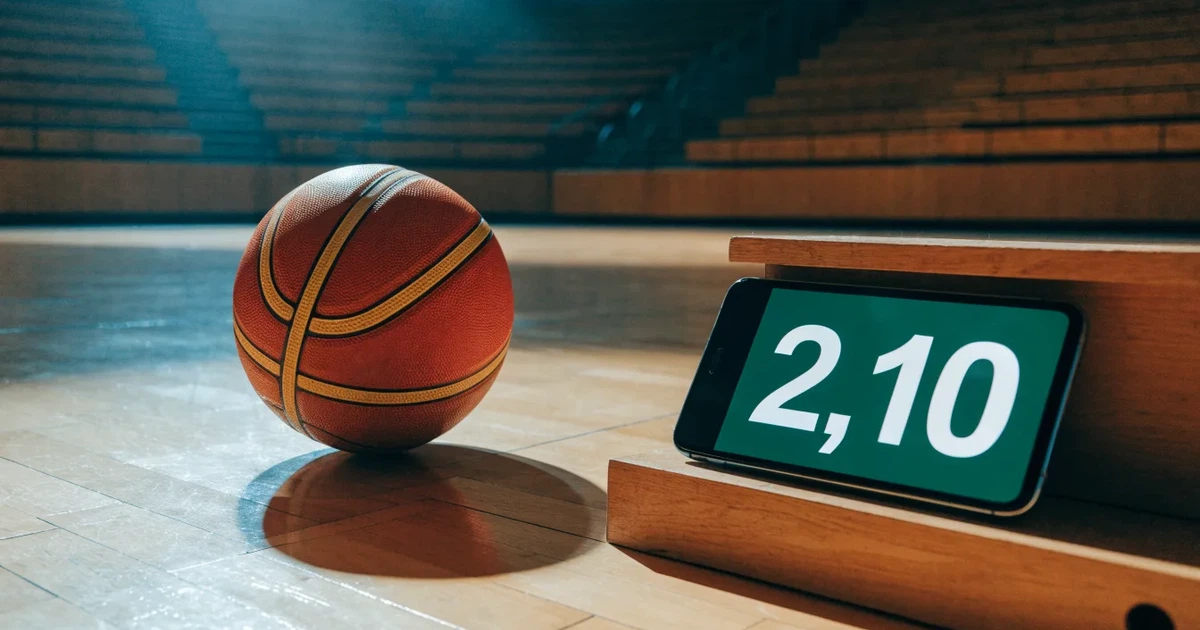 Ein Basketball liegt auf dem hellen Parkett einer leeren Halle, im Hintergrund steigen die Tribünenreihen im Halbdunkel an.