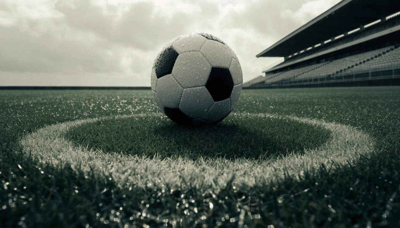 Ein Fussball liegt auf dem Anstosspunkt eines nassen Rasens, dahinter eine leere Tribüne unter grauem Himmel.