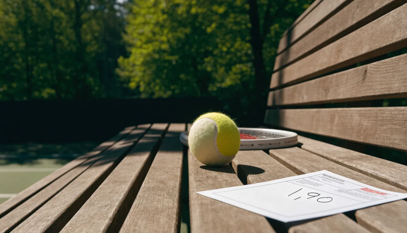 Ein Tennisball und ein Schläger ruhen auf einer Holzbank am Spielfeldrand, im Hintergrund hohe Bäume im Sommerlicht.
