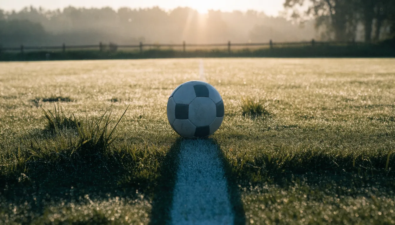 Ein Fussball liegt im Tau auf der Mittellinie eines Dorfplatzes bei Sonnenaufgang, der Rasen glitzert.