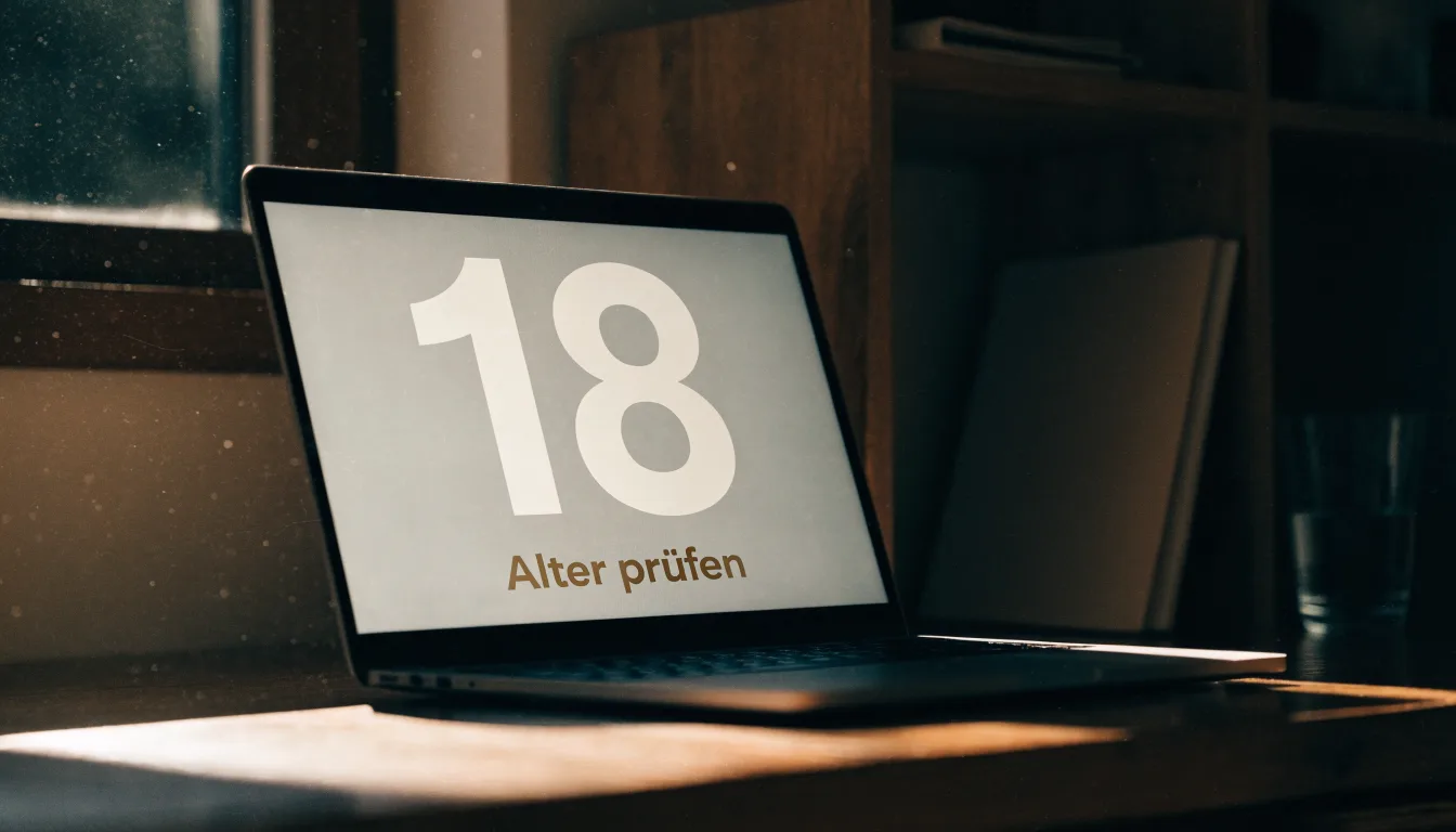Eine Messingwaage steht auf einem dunklen Holzregal in einem ruhigen Raum, Staub tanzt im Licht.