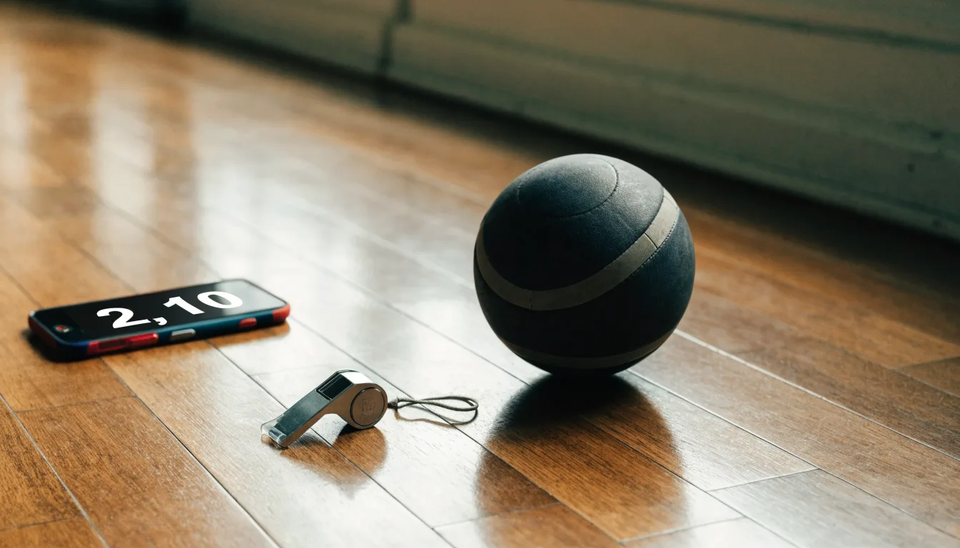 Ein kleiner, schwerer Ball liegt auf glattem Hallenparkett neben einer Trillerpfeife an einer Schnur.
