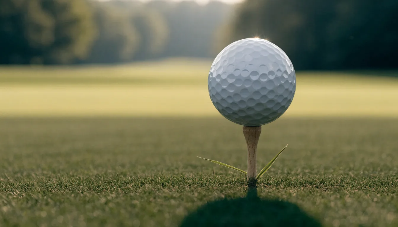 Ein Golfball liegt auf einem Holztee im Gras, scharf im Vordergrund, dahinter verschwimmt eine weite Wiese.