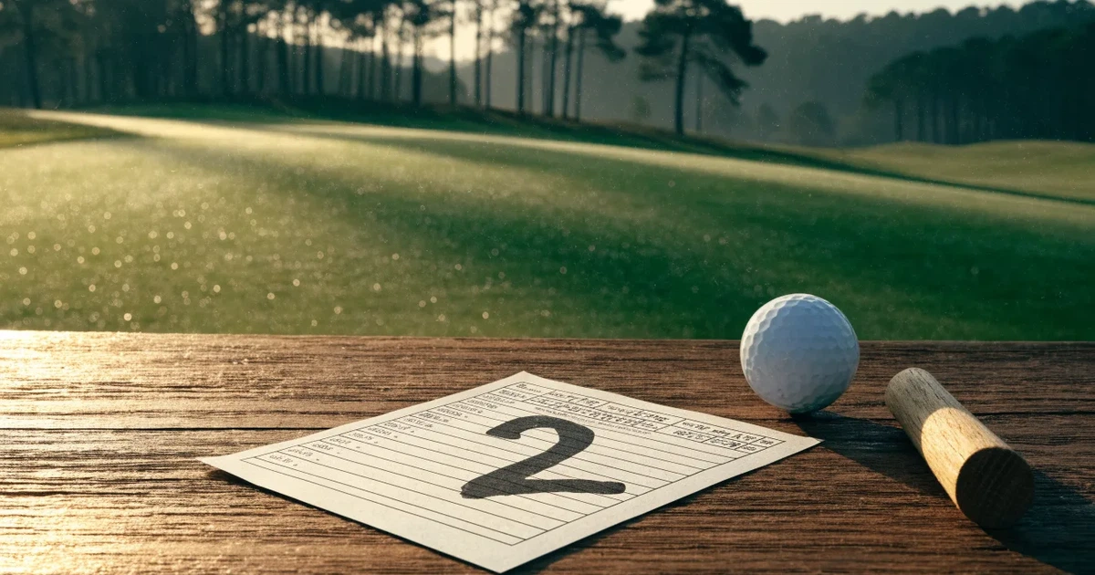 Ein weites Fairway zieht sich im Dunst des frühen Morgens zwischen Föhren hin, Tau liegt auf dem kurzen Gras.