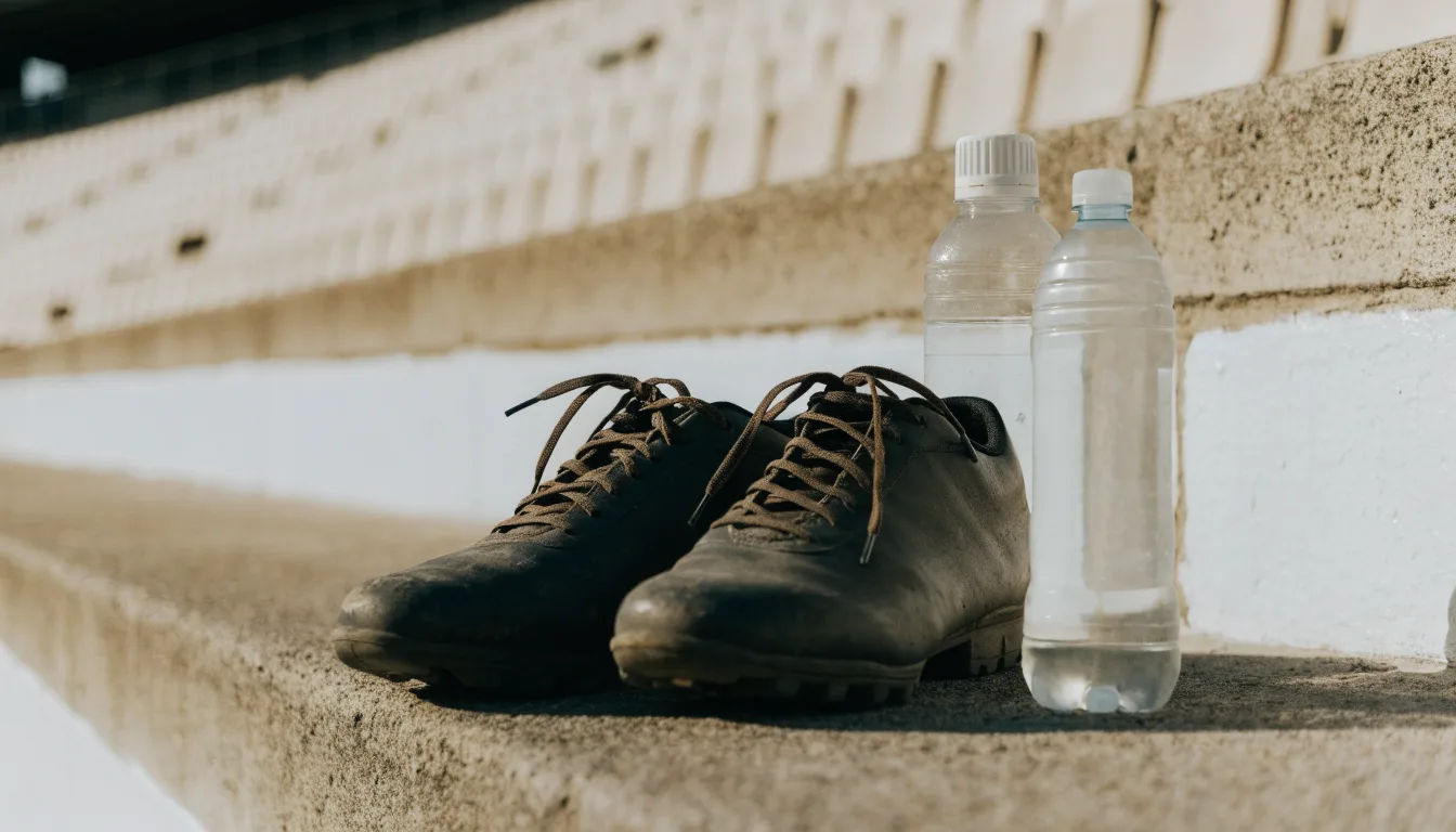 Ein Paar abgetragene Fussballschuhe steht neben einer Wasserflasche auf einer Treppenstufe im Sonnenlicht.