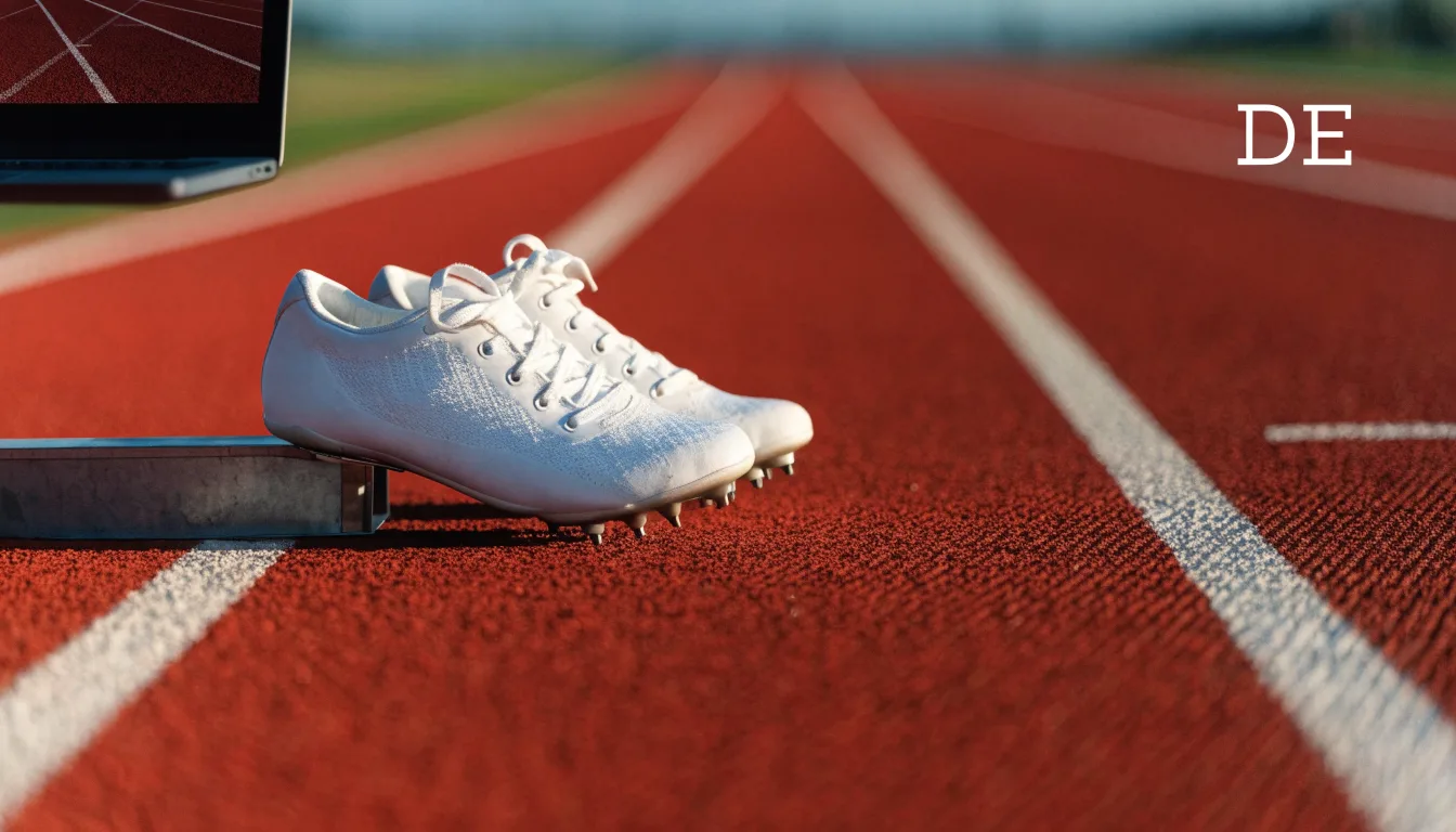 Ein Paar Laufschuhe mit Spikes liegt auf einer Tartanbahn neben einem Startblock, die Linien verlaufen in die Ferne.