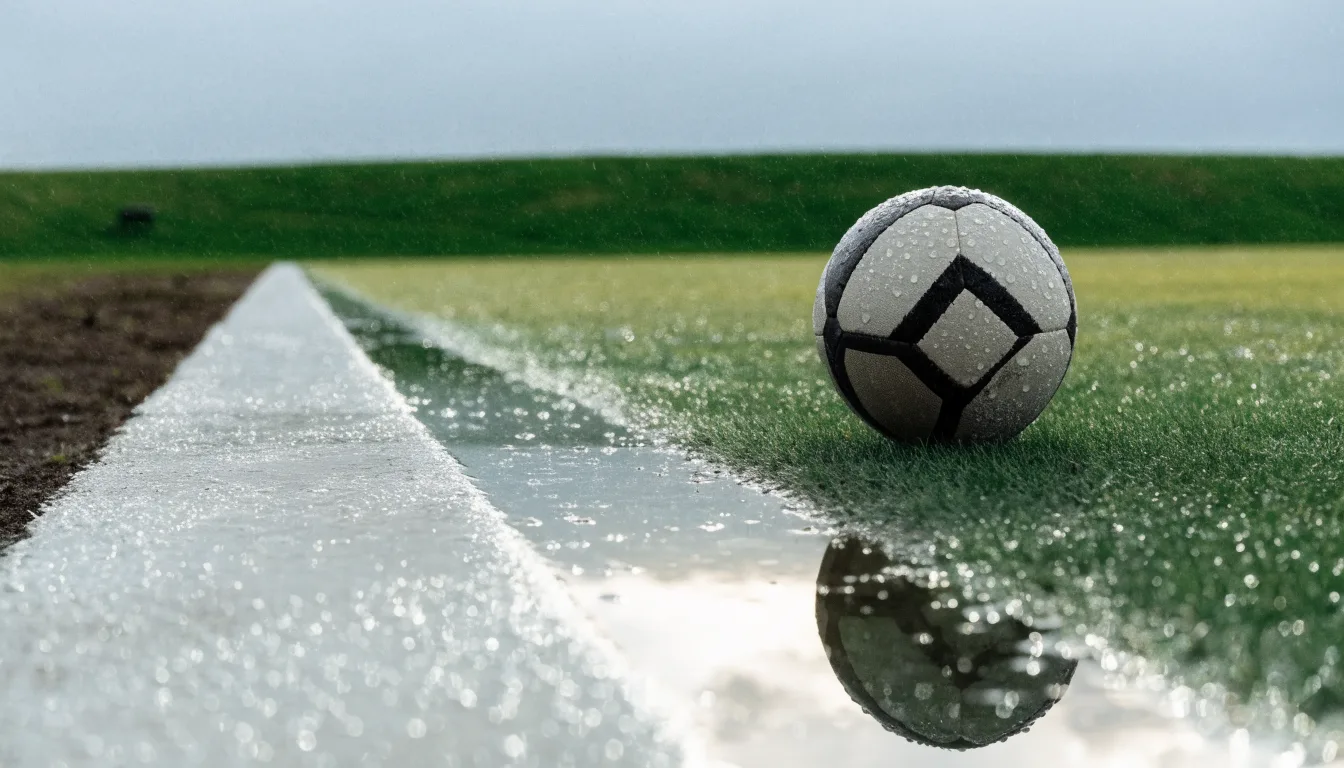 Ein Fussball liegt auf nassem Kunstrasen neben einer weissen Linie, Pfützen spiegeln den Himmel.