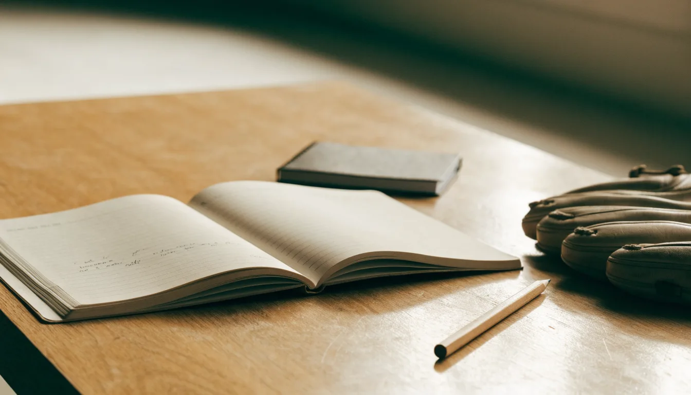 Ein aufgeschlagenes Notizbuch mit handgeschriebenen Notizen und ein Bleistift liegen auf einem Holztisch neben einem abgegriffenen Baseballhandschuh.