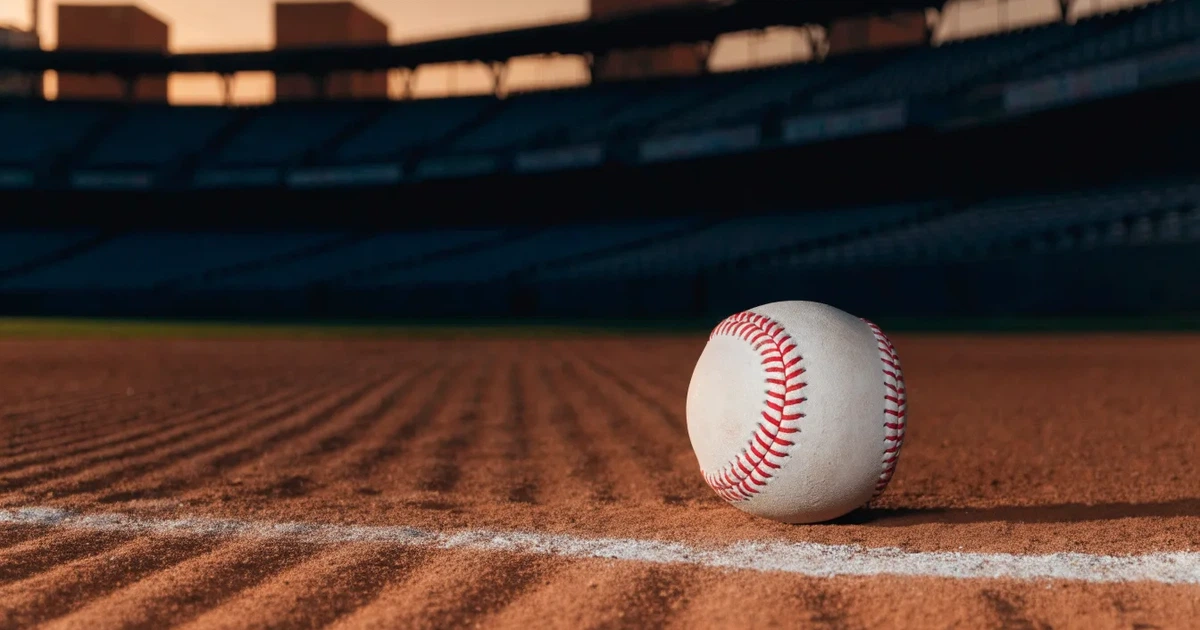Ein weisser Baseball liegt auf rotbraunem Sand neben der Grundlinie eines leeren Stadions im warmen Abendlicht, die Ränge sind verlassen.