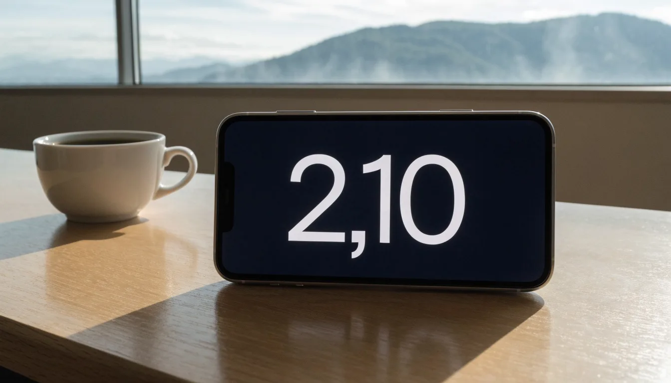 Ein Smartphone mit dunklem Bildschirm liegt auf einem hellen Schreibtisch neben einer Tasse, durch das Fenster dahinter sieht man eine Bergkette.