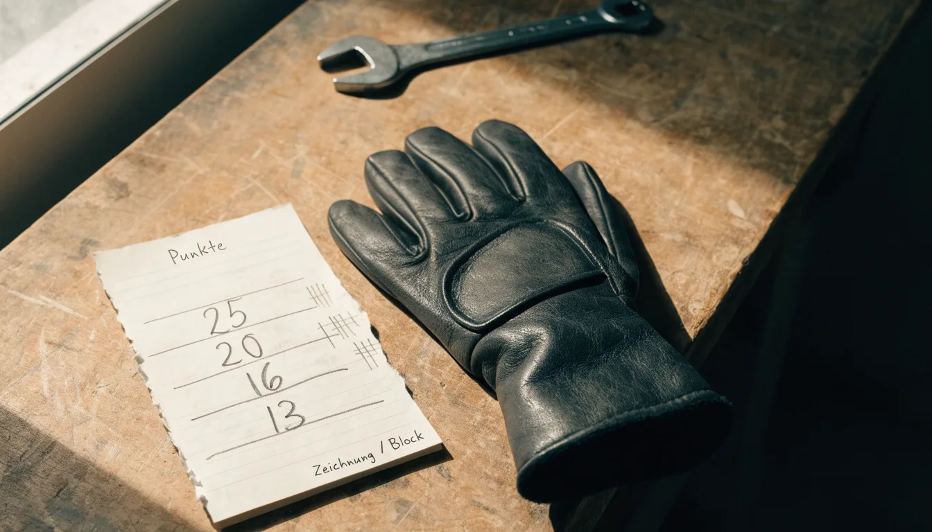 Ein Motorradhandschuh aus Leder liegt auf einer Werkbank neben einem Block mit handgezeichneten Skizzen und einem Schraubenschlüssel.
