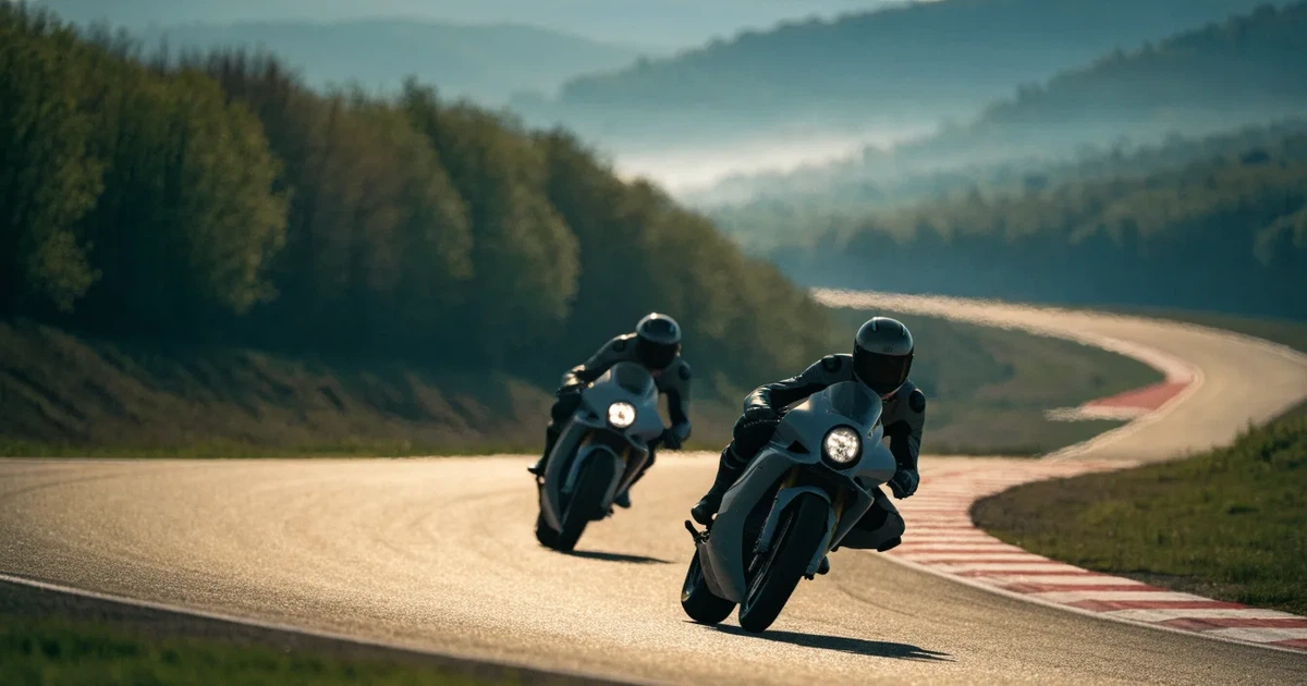 Eine leere Rennstrecke mit rot-weissen Randsteinen im Morgenlicht, im Hintergrund sanfte Hügel und ein einzelner Motorradhelm auf einer niedrigen Mauer.