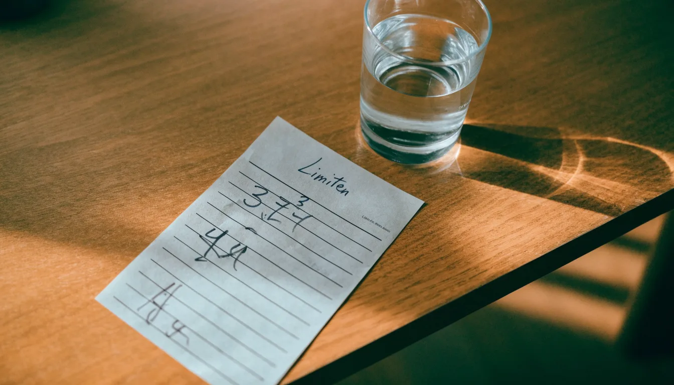 Eine Sanduhr steht auf einem Holztisch neben einem Glas Wasser, schräges Morgenlicht wirft einen langen Schatten über die Tischplatte.