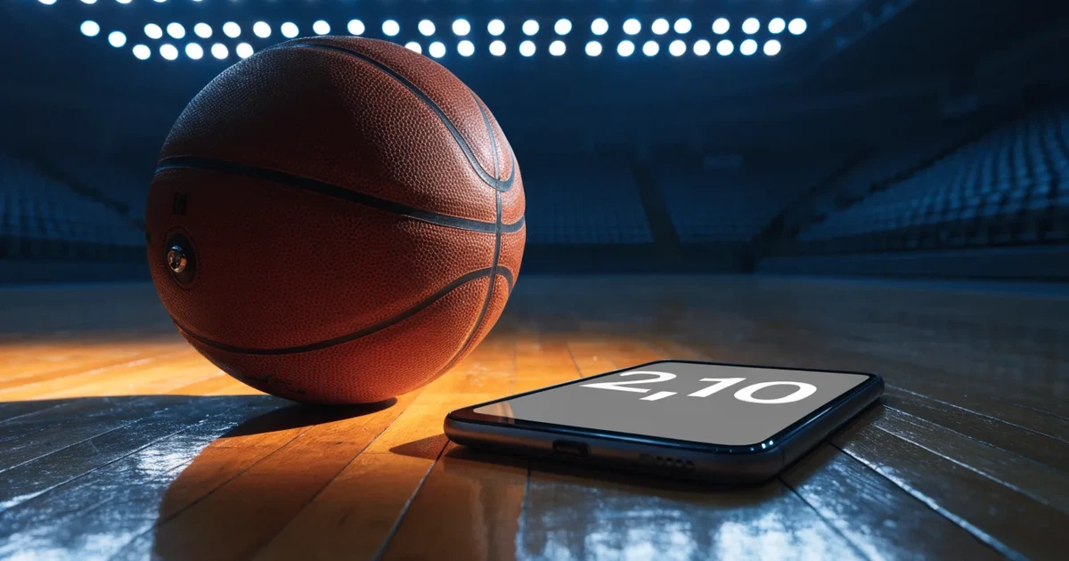 Ein orangefarbener Basketball liegt auf dem Parkett einer leeren Halle unter hellem Flutlicht, die Tribünen sind dunkel.
