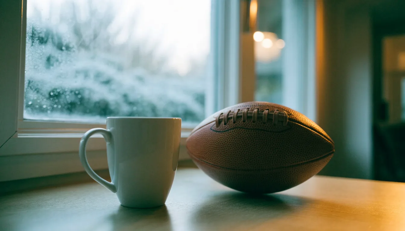 Ein Kaffeebecher und ein Football stehen auf einem Küchentisch am Morgen, durch das Fenster sieht man einen Garten mit Raureif.