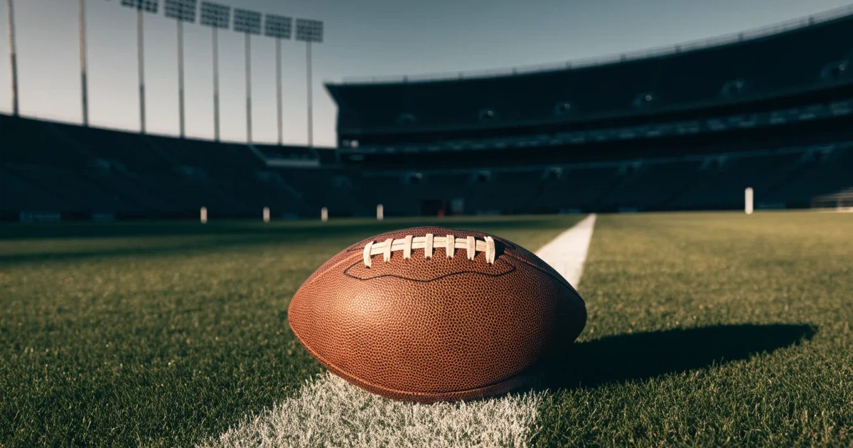 Ein ovaler Football liegt auf frisch gemähtem Rasen neben einer weissen Linie, im Hintergrund stehen leere Flutlichtmasten im Abendlicht.