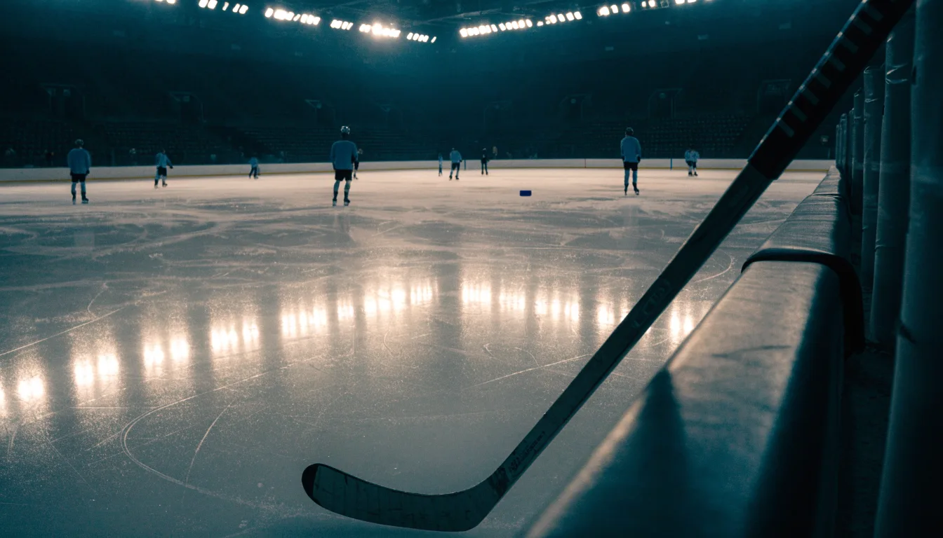 Ein Eishockeyschläger lehnt an der Bande, in der Ferne liegt die hell beleuchtete Eisfläche einer Halle unter Flutlicht.