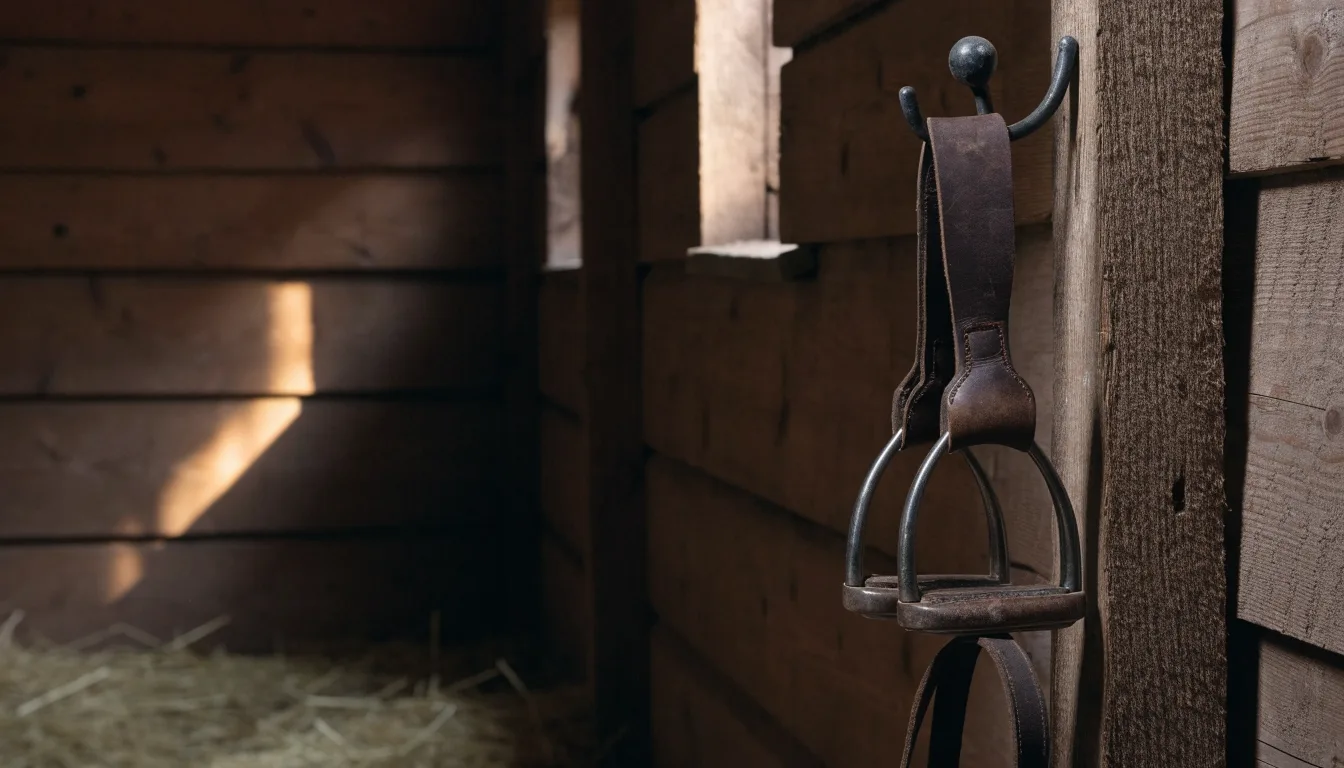 Lederne Steigbügel und ein Zügel hängen an einer Holzwand in einem ruhigen Stall, Heu liegt im Licht eines kleinen Fensters.