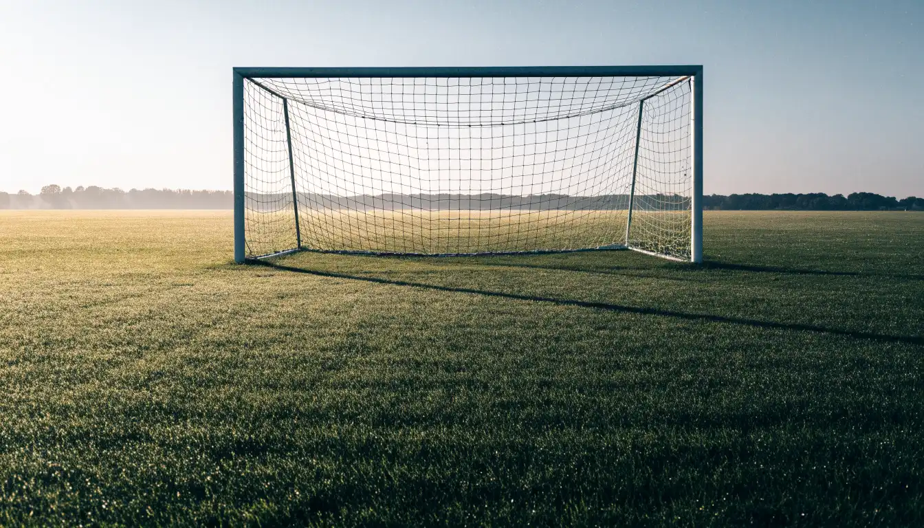 Ein Fussballtor mit Netz in der Totalen auf einem leeren Platz, Tau glänzt im Gras und die Morgensonne steht tief.